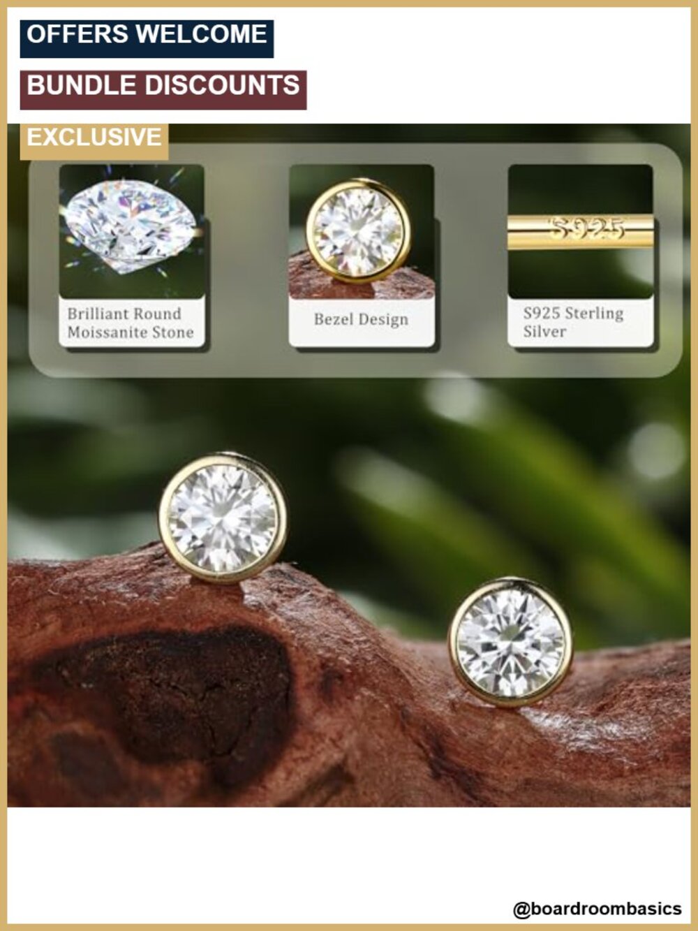 Moissanite Stud Earrings 925 Sterling Silver Gold Plated Bezel Set - Picture 4 of 6